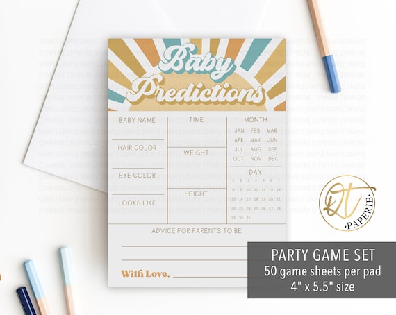 Here Comes the Son Baby Shower Game, Baby Predictions Game, Sunshine Baby Shower Game Sheets, Printed Game, Boho Retro Baby Shower Supplies