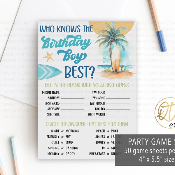 The Big One Birthday Game, Surf Party Game, Who Knows the Birthday Boy Best, Surfing 1st Birthday, Printed Beach Birthday Game, Hang 10 Game