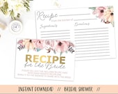 Recipe Card, Bridal Shower Recipe Card, Recipe for the Bride Card, Floral Recipe Card, White Gold Recipe Card