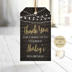 Étiquette de remerciement rustique, étiquette de cadeau de remerciement, cadeau d'anniversaire rustique, étiquette lumineuse à chaîne, étiquette de cadeau d'anniversaire adulte imprimée étiquette de remerciement 50 anniversaire