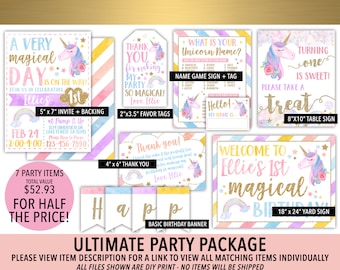 May include: A unicorn-themed first birthday party package with 7 printable items. The package includes a welcome sign, a table sign, a name game sign, a thank you tag, a favor tag, an invitation, and a banner. The colors are pink, purple, blue, yellow, and gold.