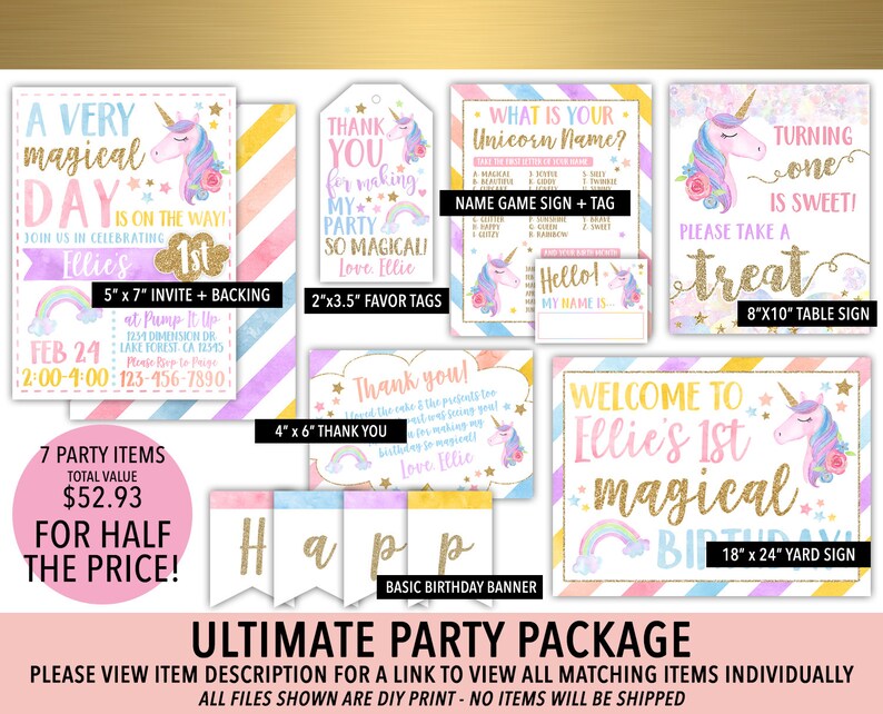 Unicorn Birthday Party Package Unicorn Printable Unicorn Etsy