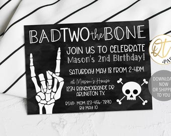 Invitación de Bad TWO the Bone, invitación de cumpleaños de Bad 2 the Bone, invitación de fiesta de punk para el segundo cumpleaños, decoración de Halloween para el segundo cumpleaños