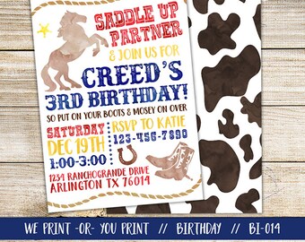 May include: A printable invitation for a cowboy-themed birthday party. The invitation features a watercolor illustration of a horse, boots, and a horseshoe. The text reads "Saddle Up Partner & Join Us For Creed's 3rd Birthday!" with details for the party, including the date, time, and RSVP information.