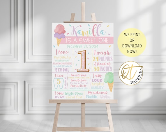 Ice Cream 1st Birthday Sign, Sweet One First Birthday Poster, First Birthday Stat Sign, Ice Cream Birthday Printable, Two Sweet Decoration