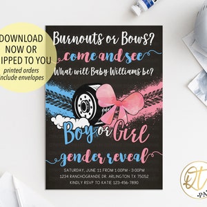 Burnouts or Bows Gender Reveal Invitation, Burnouts Bows Invitation, Cars Trucks Wheels Gender Reveal, Racing Gender Reveal Invite