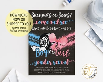 Burnouts or Bows Gender Reveal Invitation, Burnouts Bows Invitation, Cars Trucks Wheels Gender Reveal, Racing Gender Reveal Invite
