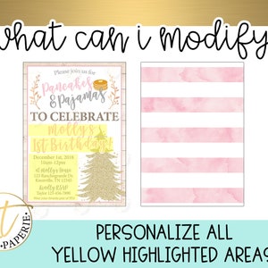 May include: A printable invitation for a 1st birthday party with a pancake and pajama theme. The invitation is decorated with a watercolor background and a gold glitter tree. The text on the invitation reads "Please join us for Pancakes & Pajamas to celebrate Molly's 1st Birthday!"  December 1st, 2018, 10am-12pm at Molly's House, 123 Ranchogrande Dr., Knoxville, TN 12345. Kindly RSVP Taylor 123-456-7890.