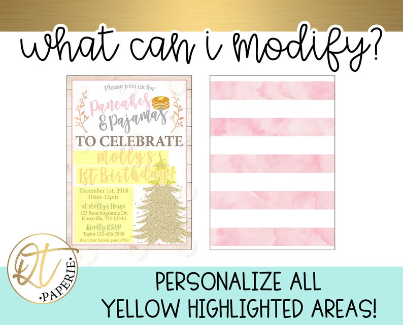 May include: A printable invitation for a 1st birthday party with a pancake and pajama theme. The invitation is decorated with a watercolor background and a gold glitter tree. The text on the invitation reads "Please join us for Pancakes & Pajamas to celebrate Molly's 1st Birthday!"  December 1st, 2018, 10am-12pm at Molly's House, 123 Ranchogrande Dr., Knoxville, TN 12345. Kindly RSVP Taylor 123-456-7890.