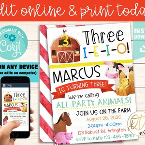 Puede incluir: Invitaci&oacute;n de cumplea&ntilde;os editable con tem&aacute;tica de granja con un granero rojo, una vaca, un cerdo, un caballo y un pollito. La invitaci&oacute;n dice "Three I-E-I-O! Marcus cumple tres a&ntilde;os! &iexcl;Estamos llamando a todos los animales de la fiesta! &iexcl;&Uacute;nete a nosotros en la granja el 26 de agosto de 2020 de 2:00 pm a 4:00 pm 123 Robust Rd. Arlington 1 RSVP a Katie 123-456-7890"