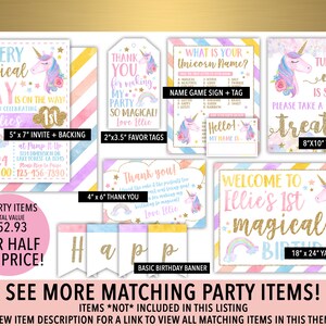 Puede incluir: Un conjunto de 7 decoraciones de fiesta con tem&aacute;tica de unicornio para un primer cumplea&ntilde;os. El conjunto incluye una invitaci&oacute;n de 13x18 cm, una tarjeta de agradecimiento de 10x15 cm, una etiqueta de favor de 5x9 cm, un cartel de juego de nombres, un cartel de mesa, un cartel de jard&iacute;n y una pancarta de cumplea&ntilde;os b&aacute;sica. Las decoraciones presentan un unicornio con un arco&iacute;ris, estrellas y purpurina. Los colores son rosa, morado, azul, amarillo y dorado.