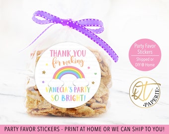 May include: Rainbow party favor stickers with the text "Thank you for making Vanecia's party so bright!"  These stickers are perfect for adding a touch of whimsy to your party favors.