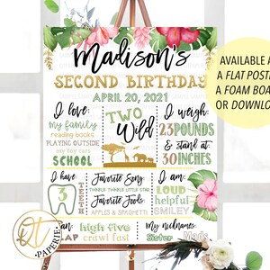 May include: A green, yellow, and pink jungle-themed birthday sign for a child turning two. The sign says "Madison's Second Birthday" and includes details like "I love: my family, reading books, playing outside, my toy cars, school", "I weigh: 23 pounds and stand at 30 inches", "I have: 3 teeth", "Favorite song: Twinkle Twinkle Little Star", "Favorite foods: Apples & Spaghetti", "I am: Loud, Helpful, Smiley", "My nicknames: Sister, Mads".