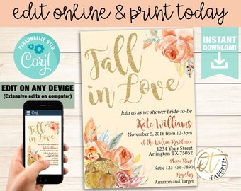 Fall in Love Bridal Shower Invitation Template, Pumpkin Bridal Shower Invitation, Fall Bridal Shower Invitation, Pumpkin Fall in Love Invite