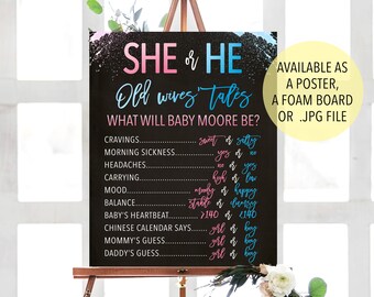 Watercolor Gender Reveal Chalkboard, Watercolor Old Wives Tale Sign, Gender Predictions Sign, He or She Watercolor Gender Chart