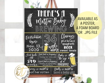 May include: A chalkboard style pregnancy announcement with the text "There's a Martin Baby Brewing". The announcement includes details about the pregnancy, such as the due date, cravings, and the size of the baby. The announcement is available as a poster, foam board, or JPG file.