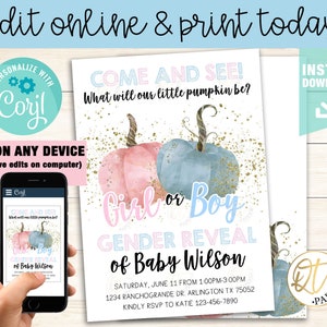 Pumpkin Gender Reveal Invitation Template, Fall Gender Reveal, What Will Little Pumpkin Be, Instant Download Pumpkin Gender Reveal invite