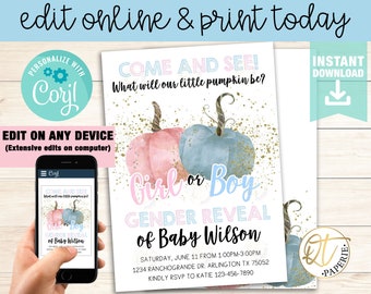 Pumpkin Gender Reveal Invitation Template, Fall Gender Reveal, What Will Little Pumpkin Be, Instant Download Pumpkin Gender Reveal invite