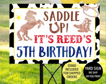 Letrero de bienvenida para cumpleaños de vaquero, letrero de cumpleaños de caballo, letrero de bienvenida para cumpleaños de ensillar, letrero de bienvenida para césped de caballo, letrero de patio de cumpleaños de poni
