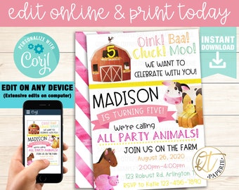 Girl Farm Invitation, Girly Barnyard Birthday, Editable Pink Farm Party, Farm Animal Invite, Farm Birthday Invitation, Barn Invitation
