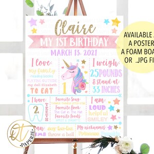 May include: A pink and blue first birthday sign featuring a unicorn illustration. The sign reads "Claire My 1st Birthday March 13, 2021". It also includes details such as "I love: my family, reading books, playing outside, my doll Elizabeth, to eat", "I have: 2 teeth", "Favourite Song: Twinkle Twinkle Little Star", "Favourite Book: The Cat in the Hat", "Favourite Foods: Apples & Spaghetti", "I weigh: 25 pounds & stand at: 33 inches", "I am: Loud, helpful, smiley", "Can say ba-ba, I can throw a ball", "My nicknames: Princess, Pumpkin".