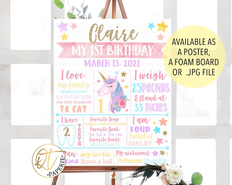 May include: A pink and blue first birthday sign featuring a unicorn illustration. The sign reads "Claire My 1st Birthday March 13, 2021". It also includes details such as "I love: my family, reading books, playing outside, my doll Elizabeth, to eat", "I have: 2 teeth", "Favourite Song: Twinkle Twinkle Little Star", "Favourite Book: The Cat in the Hat", "Favourite Foods: Apples & Spaghetti", "I weigh: 25 pounds & stand at: 33 inches", "I am: Loud, helpful, smiley", "Can say ba-ba, I can throw a ball", "My nicknames: Princess, Pumpkin".