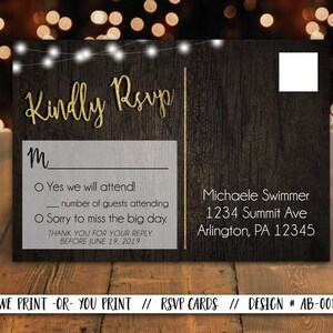 Carte postale RSVP rustique, Carte postale RSVP à cordes lumineuses, Carte postale RSVP rustique imprimée, Carte postale Rsvp de mariage, Carte Rsvp d’anniversaire en or, Insert Rsvp