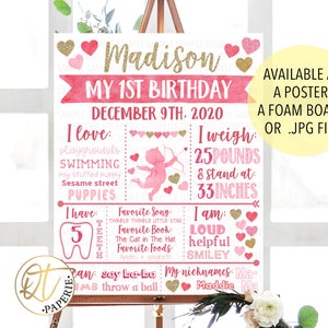 May include: A pink and gold first birthday sign with a watercolour background. The sign says "Madison My 1st Birthday December 9th, 2020". It also includes details about the child's weight, height, favourite things, and personality.