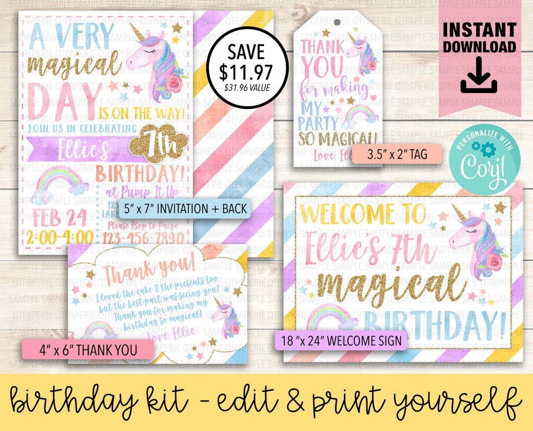 Unicorn Birthday Printable Bundle, Editable Unicorn Party Package ...