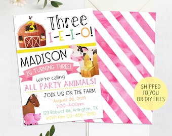 Girl 3rd Birthday Farm Invitation, Farm Birthday Invitation, Girl Farm 3rd Birthday, Pink Farm Birthday Party, Farm Party, Farm Animal