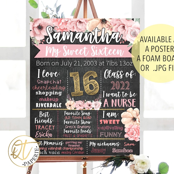 Sweet 16 Birthday Sign, Floral Sweet 16 Poster, 16th Birthday Chalkboard, Sweet Sixteen Sign, Flowers Gold 16 Birthday, Floral Birthday Sign