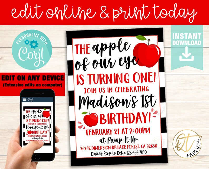 Apple Invitation Template Apple Birthday Invitation Apple - Etsy