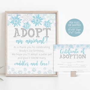 Winter Adopt an Animal Sign, Winter Adoption Certificate, Winter Onederland Birthday Decor, Polar Animal Adoption, Stuffed Animal Adoption