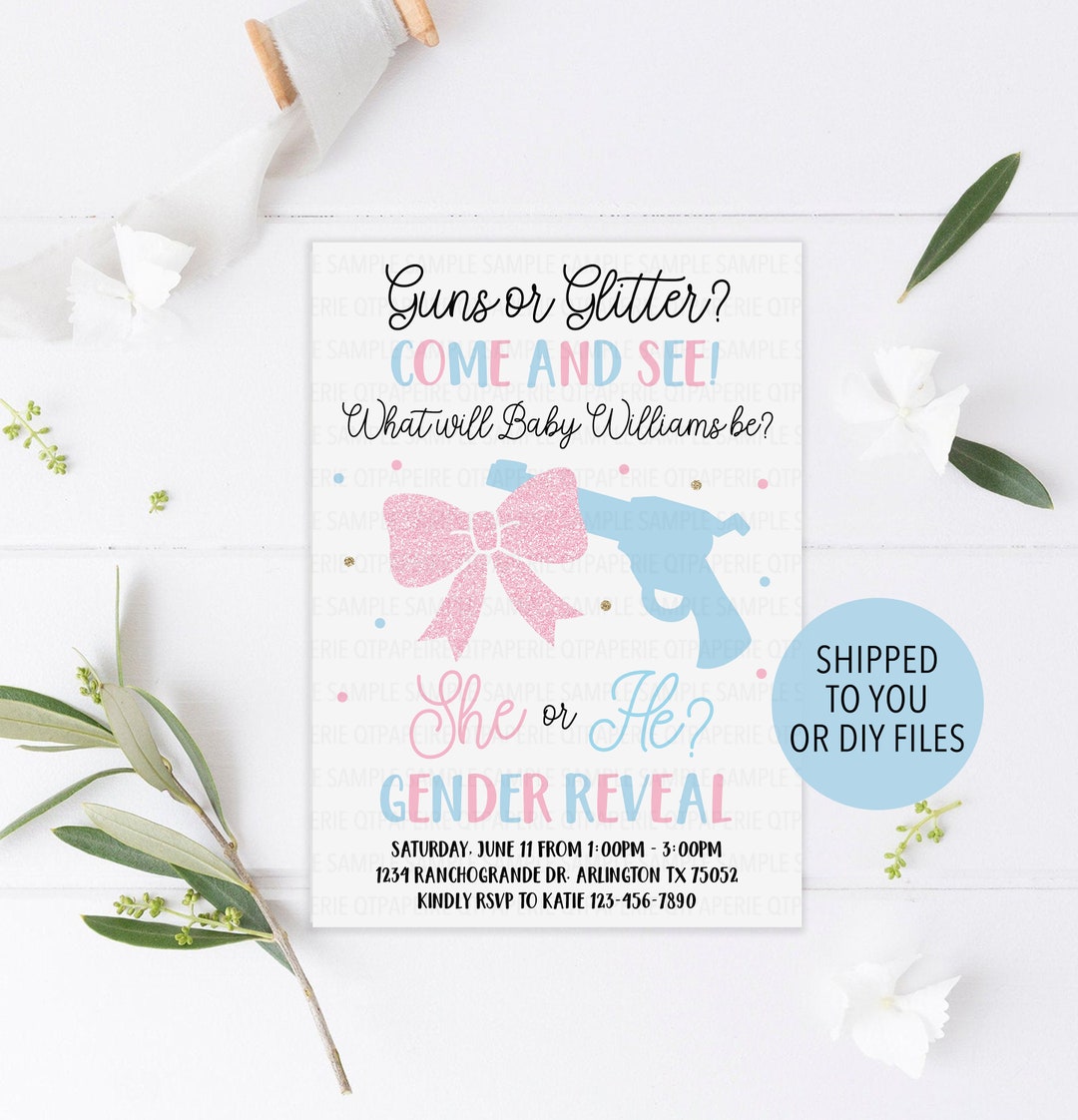 Glitter or Guns Gender Reveal Invitation Gun or Bow Etsy