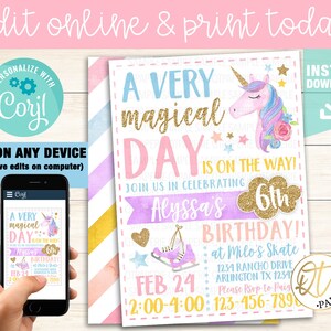 May include: A digital invitation with a unicorn theme, featuring the text "A Very Magical Day." The invitation includes details for a 6th birthday party, with a unicorn illustration, ice skates, and stars. The invitation is customizable.