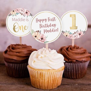 First Birthday Cupcake Toppers, 1st Birthday Cupcake Toppers, Floral Cupcake Toppers, Floral Birthday Labels, 1st Birthday Party Favor