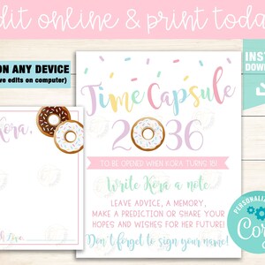 Donut Time Capsule Template, Donut 1st Birthday Time Capsule, Donut Birthday Time Capsule Instant Download, Donut Party Printable