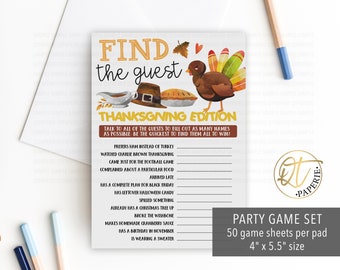 May include: A Thanksgiving-themed party game with a brown and orange turkey illustration. The game is called "Find the Guest" and includes a list of questions to ask guests. The game is printed on a white background and comes in a set of 50 game sheets per pad, measuring 4 inches by 5.5 inches.