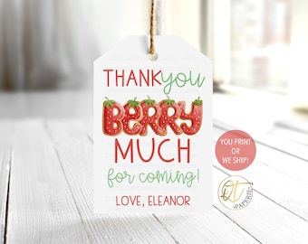 Strawberry Birthday Thank You Tag, Thank You Berry Much Tag, Strawberry Tag, Printed Strawberry Thank You, Strawberry Party Favor Tag