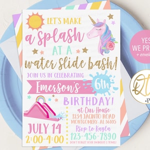 Unicorn Water Slide Invitation, Unicorn Slip & Slide Invitation, Water Slide Unicorn Birthday, Waterslide Party, Water Slide Invite