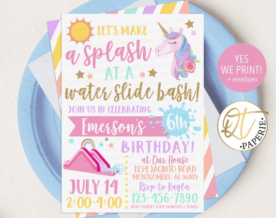 Water Slide Birthday Invitation | Let’s Make a Splash Unicorn Pool Party Invite | Summer Birthday Printable or Printed with Envelopes