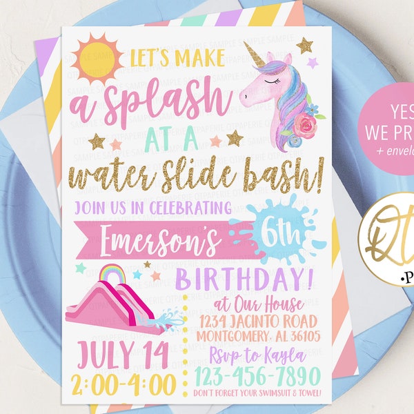 Water Slide Birthday Invitation | Let’s Make a Splash Unicorn Pool Party Invite | Summer Birthday Printable or Printed with Envelopes