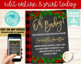 Könnte beinhalten: Eine editierbare Weihnachts-Babyparty-Einladung mit einem rot-schwarzen Buffalo-Karo-Hintergrund. Die Einladung zeigt eine Kreidetafel mit einem grünen Stechpalmenkranz und dem Text "Oh Baby!" in goldenen Buchstaben. Der Text "Bitte schließen Sie sich uns zu einer festlichen Babyparty zu Ehren von Samantha Hamilton an" ist ebenfalls enthalten.