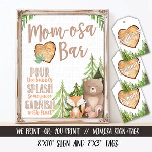 Letrero de bar con momosa de bosque, imprimible de bar con mimosa de bosque, mimosa para baby shower de bosque, momosa de animales del bosque, decoración de baby shower de bosque