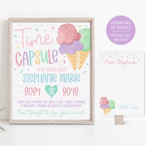 Sweet One Time Capsule & cartes | Kit souvenir 1er anniversaire crème glacée | Ensemble de table Memory imprimable ou expédié | Déco anniversaire fille