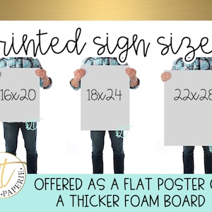 May include: Three different sizes of printed signs are shown, held by people. The signs are 16x20 inches, 18x24 inches, and 22x28 inches. The signs are offered as a flat poster or a thicker foam board.