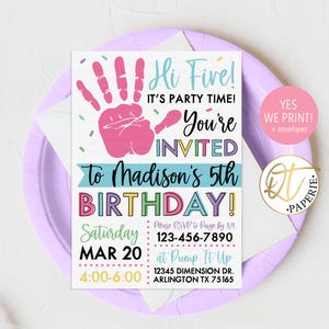 Hi Five 5th Birthday Invitation | High 5 Personalized Printable or Printed Party Invite for Girl | Colorful Handprint Corjl Design Girl