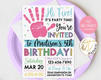 Hi Five 5th Birthday Invitation | High 5 Personalized Printable or Printed Party Invite for Girl | Colorful Handprint Corjl Design