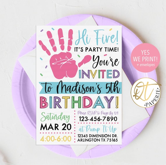 Hi Five 5th Birthday Invitation | High 5 Personalized Printable or Printed Party Invite for Girl | Colorful Handprint Corjl Design