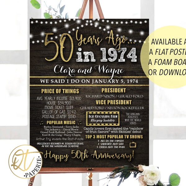 50th Anniversary Sign, 50th Birthday Sign, 50 Years Ago, 1974 Anniversary Poster, Birthday Poster, 50th Anniversary Gift, 50th Birthday Gift